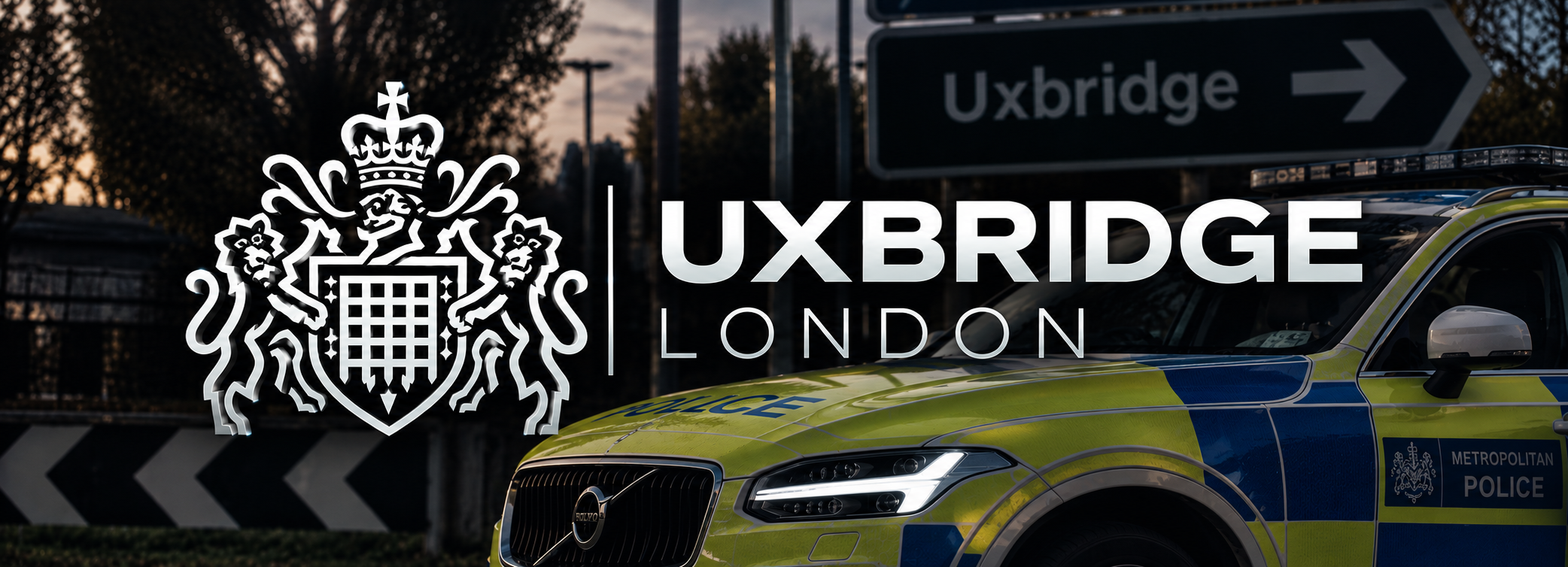 Uxbridge London police vehicle and town sign